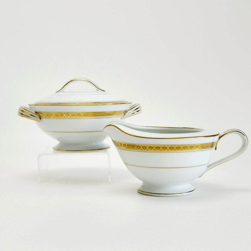 Noritake Richmond Creamer & Sugar Bowl White Base Gold Etched Band Elegant Tea